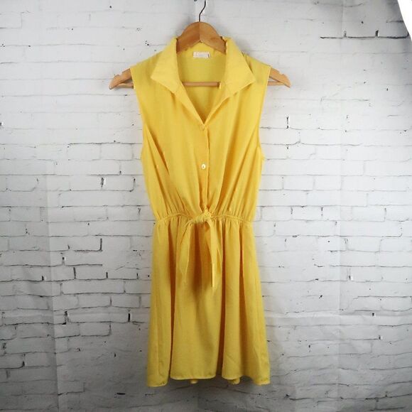 TOBI YELLOW SLEEVELESS BUTTON DOWN MINI DRESS WITH TIE WAIST DETAIL SIZE SMALL - Picture 1 of 7